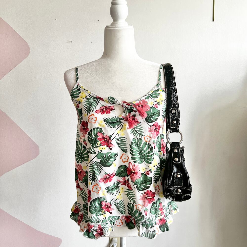 White Tropical Print Tank Top, Coconut Girl Y2K Boho Resortwear Small